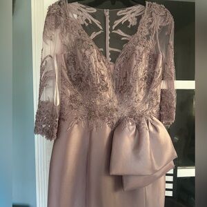 Embellished Long Sleeve Evening Dress in Dusty Mauve